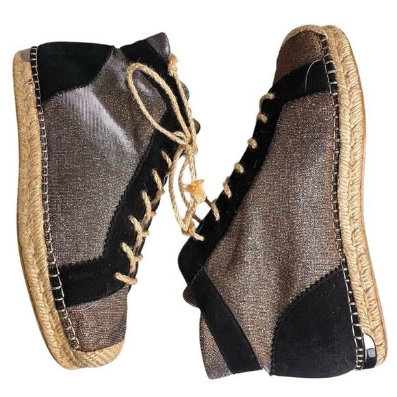Stewart Weitzman Espadrille Black Glitter High Top Lace Up Sneaker Boho Designer - Picture 1 of 16